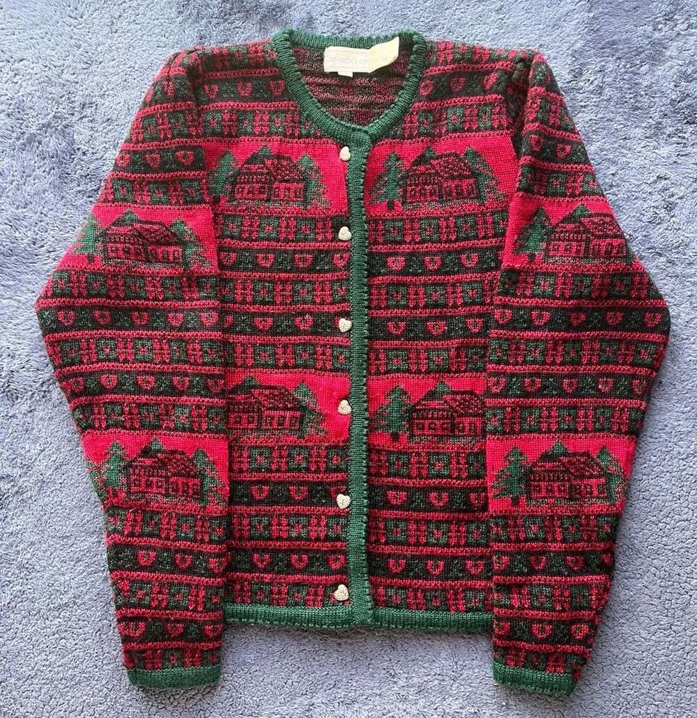 Vintage 90’s The Eagle's Eye Red and Green Mountain 100% Wool Sweater Size M